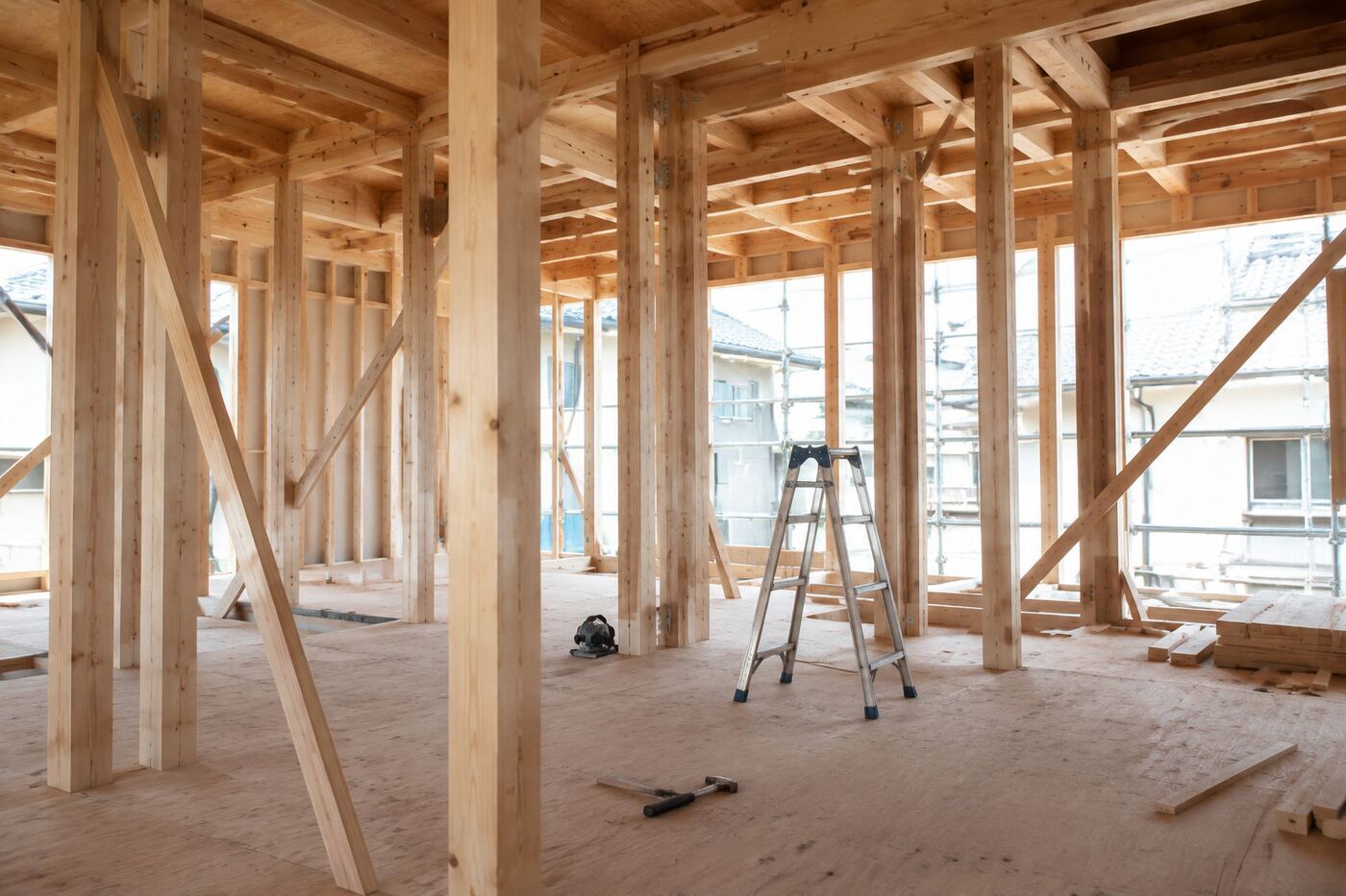 建築中の木造住宅の内部。柱と梁が組み上がった状態